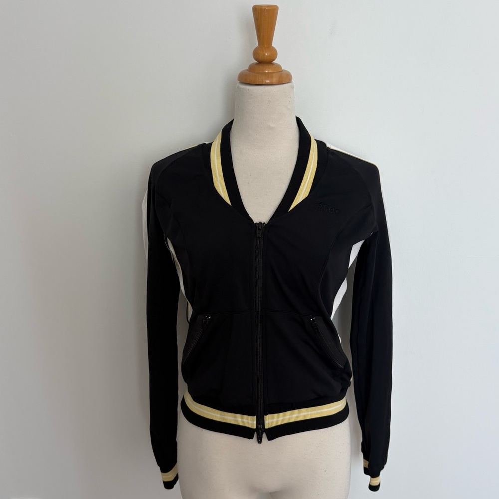 Bebe Sport Womens Small Black Yellow Varsity Jacket with Fitted Silhouette Y2K